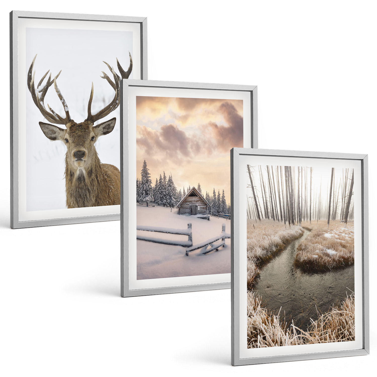 BILDER SET 3er Set - 40x60 cm Silberner Rahmen - Hirschhütte in Winterlandschaft - Silberfarben, Kunststoff (40/60cm) - TULUP