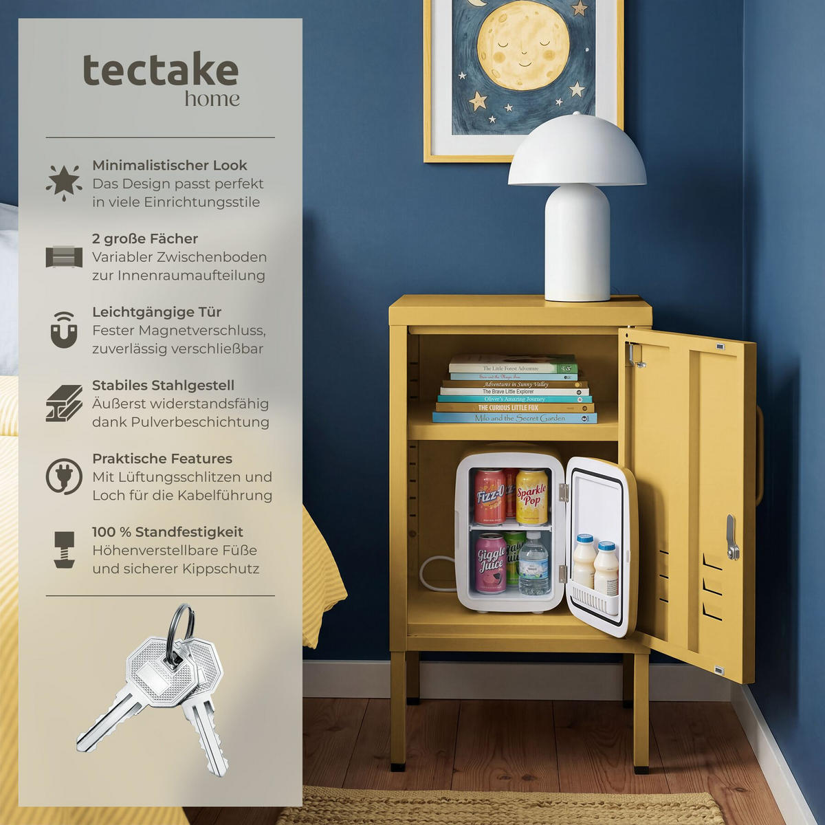 NACHTSCHRANK Baker, Kippschutz, höhenverstellbare Füße, gelb - Gelb, Metall (35/60.5/42.5cm) - tectake