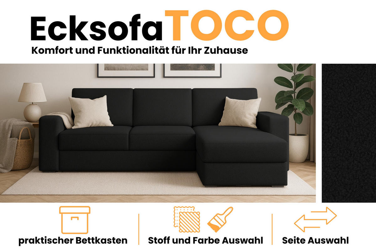 ECKSOFA TOCO L 240x145 cm in Boucle Schwarz rechts - Schwarz, Holz/Holzwerkstoff (240/145cm) - Deine Möbel 24