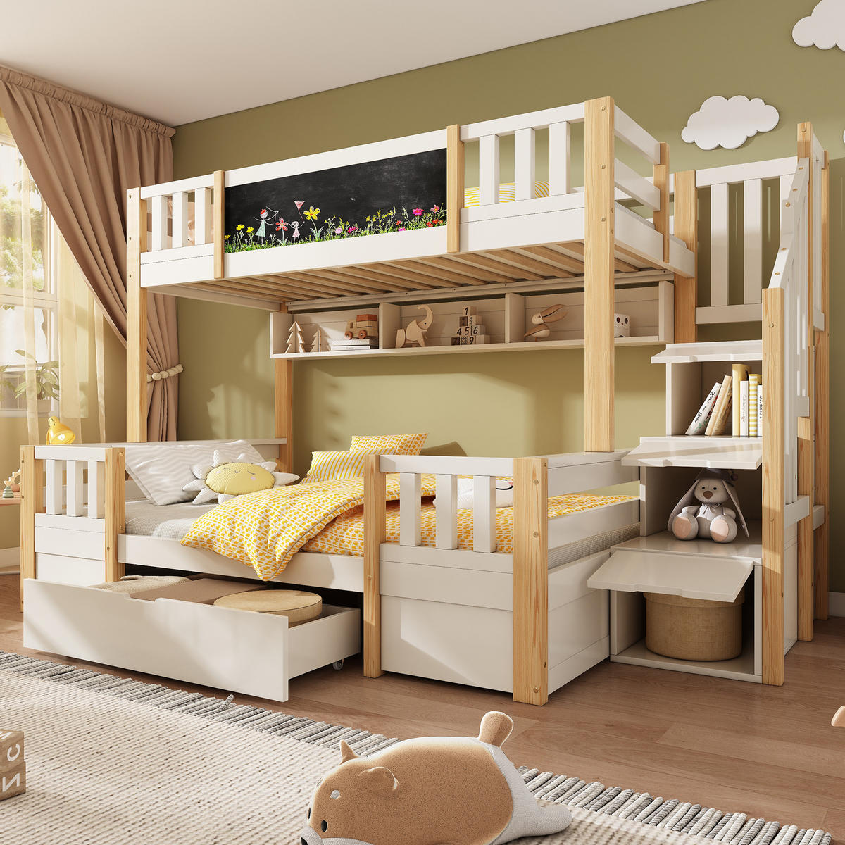 ETAGENBETT mit Stauraumtreppe 90x200/140x200 cm Weiß/Natur - Wengefarben, Metall (140/200cm) - Meubliv
