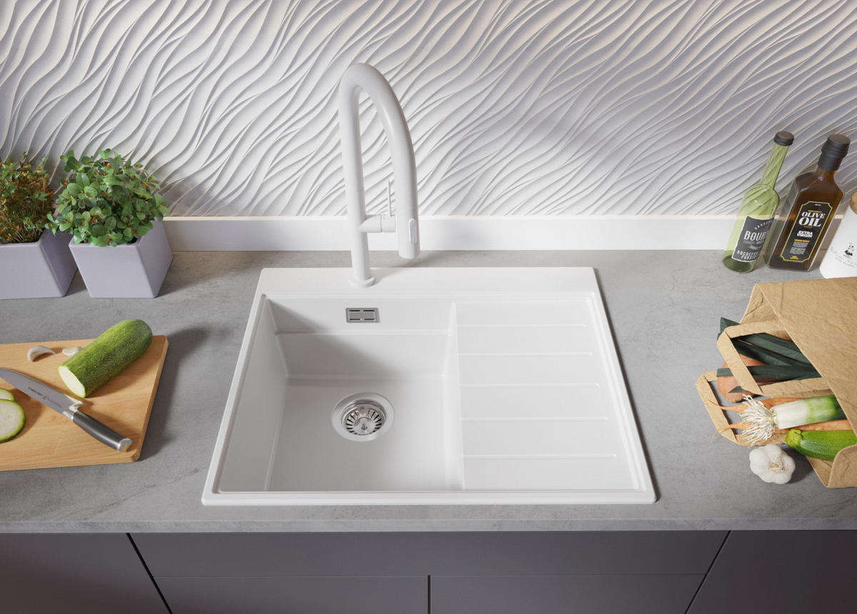 SPÜLBECKEN Sydney, 2-er set Weiß 62/50 cm 1 Becken + Ablauf-Set + Küchenzubehörset ab 40er Unterschrank - Chromfarben/Beige, Kunststoff (62/20/50cm) - Primagran