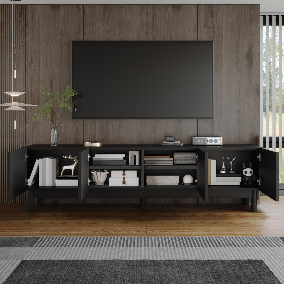 TV-SCHRANK mit 4 Türen 169 x 34 x 45,5 cm Schwarz - Schwarz, Holzwerkstoff (35/45.5/169cm) - Beauniv