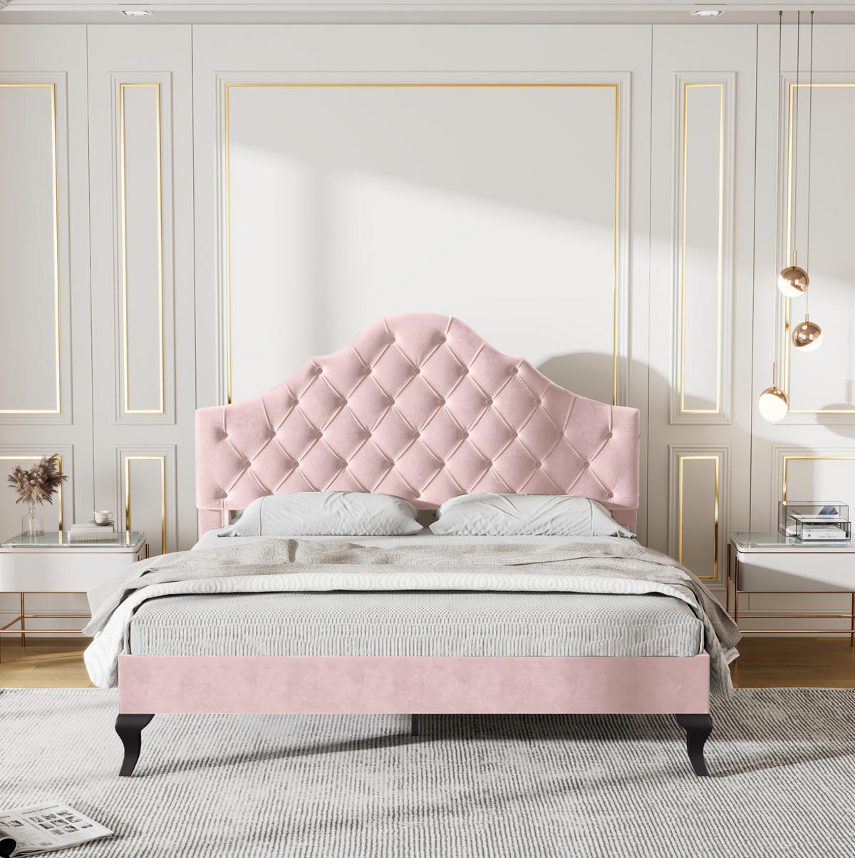 POLSTERBETT 140/200 cm mit Lattenrost, höhenverstellbarem Kopfteil und Samtbezug, Rosa - Rosa, Textil (140/200cm) - Redom
