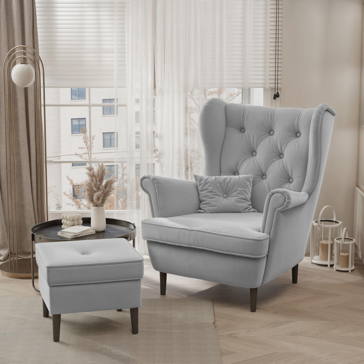 OHRENSESSEL SCANDI mit hocker, Samt Grau - Grau, Holz/Textil (75/97/57cm) - Idohome