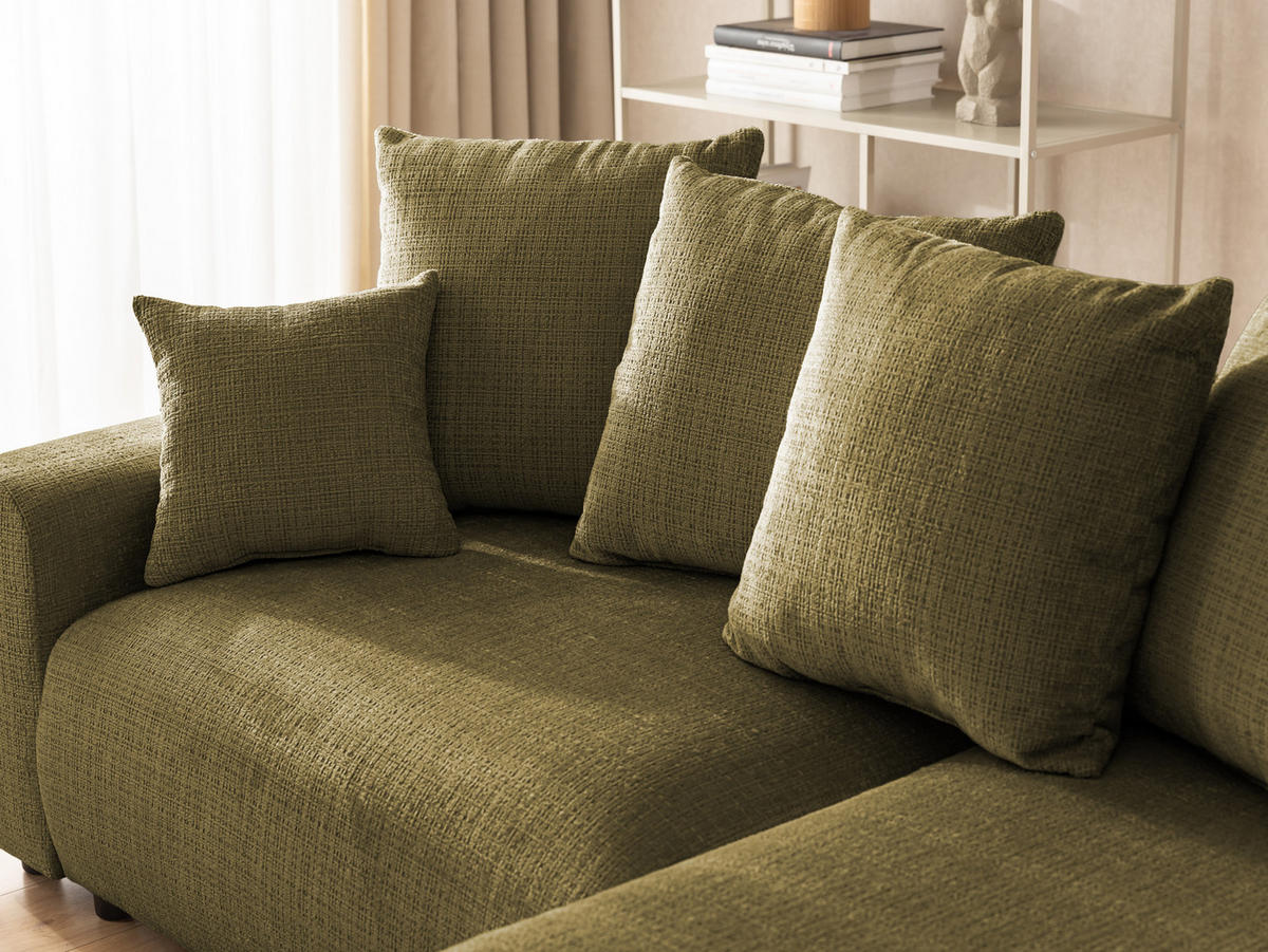 ECKSOFA Calma mit Schlaffunktion und Bettkasten im Bumpy-Design aus weichem Grün Chenille-Stoff - Ottomane rechts - Beige/Schwarz, Holz/Kunststoff (239/140cm) - S-Style Möbel