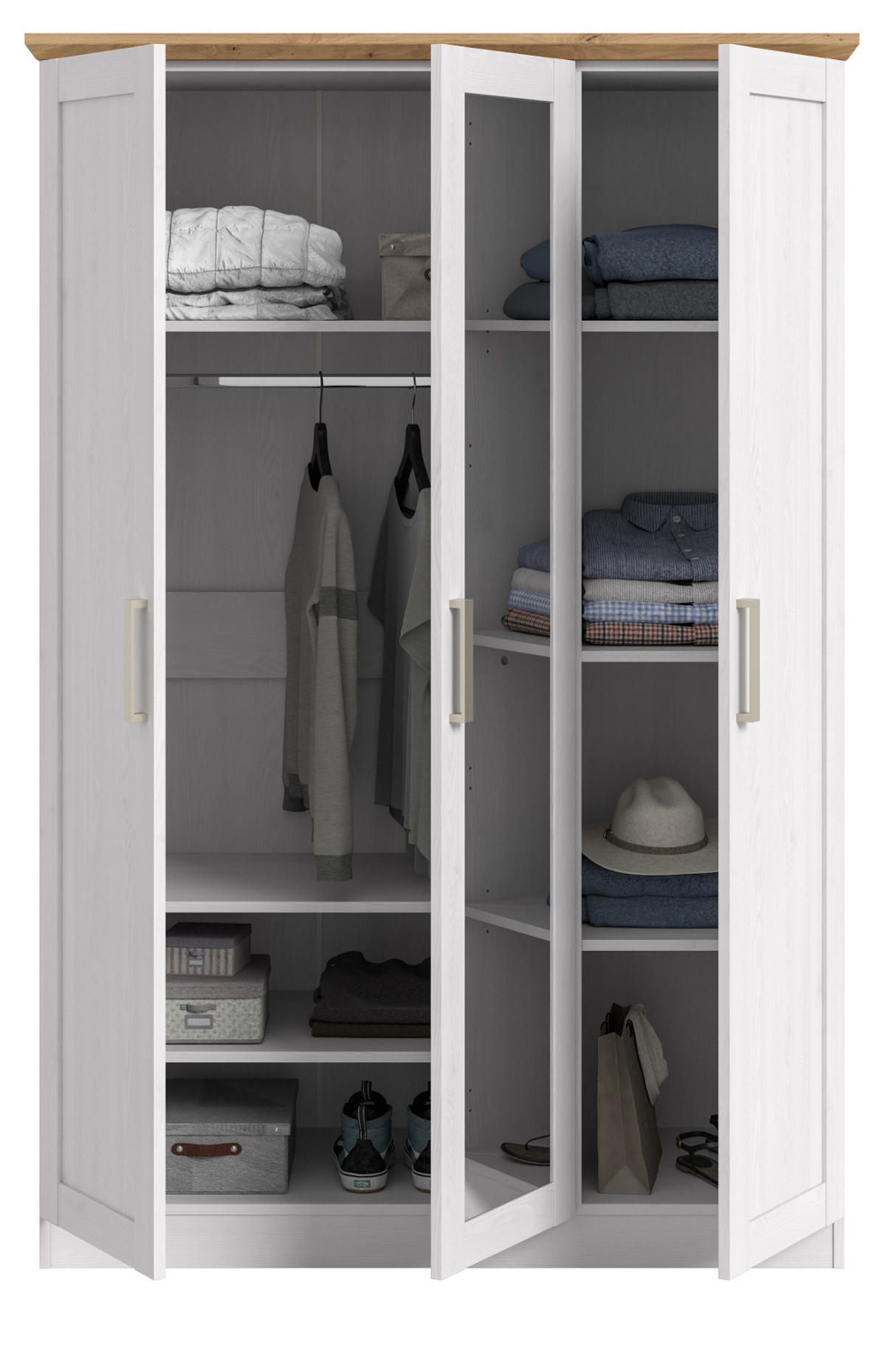 KLEIDERSCHRANK weiß Lärche, Eiche Artisan 3-türig 124 cm, Drehtürenschrank im Landhaus-Stil - Beige/Lärchefarben, Glas/Holzwerkstoff (124/185/54cm) - Inn.Furn