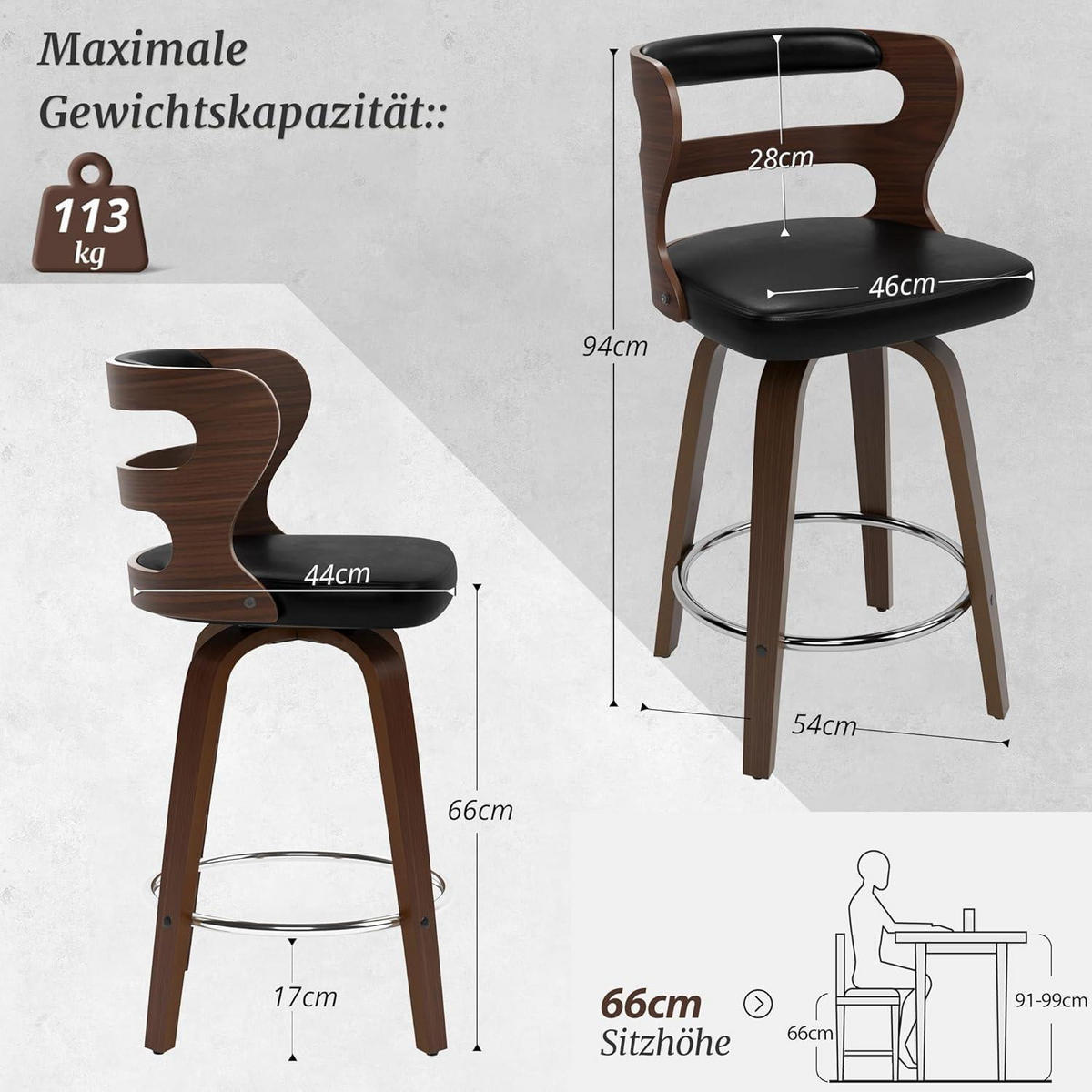 BARHOCKER 2er Set mit Lehne und Armlehnen 66 cm Schwarz/Walnuss - Schwarz, Holzwerkstoff (46/94/54cm)