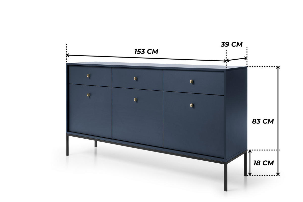 KOMMODE BARI K3D3SZ (Blau, Goldene Griffe, Schwarzes Gestell, Schubladen) - Goldfarben/Schwarz, Holz/Holzwerkstoff (153/83/39cm) - Ravio