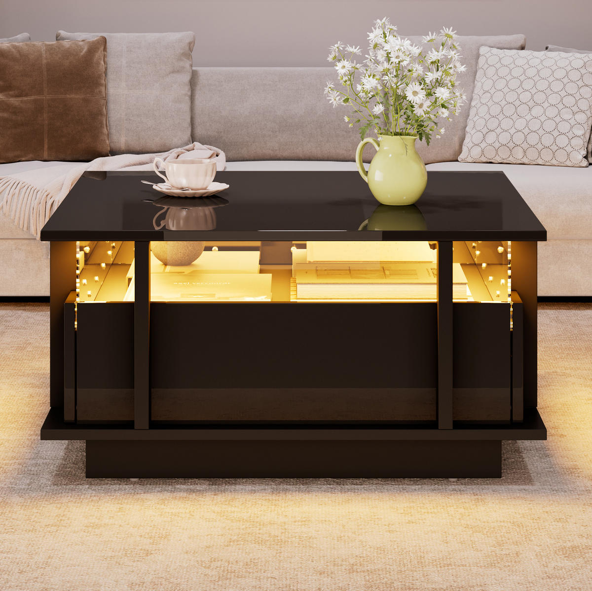 COUCHTISCH mit 2 Schubladen 70x70 cm Hochglanz Schwarz mit LED - Schwarz, Holzwerkstoff (70/70/35cm) - Meubliv