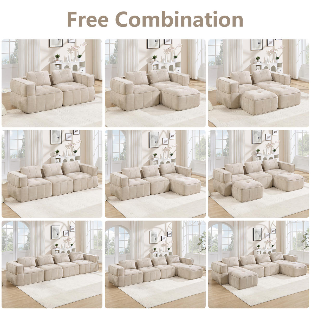 SOFA 271/93/67 cm in Beige, modular, aus Polyester mit rutschfestem Standfuß - Beige, Kunststoff (93/67/271cm) - Flora Grace
