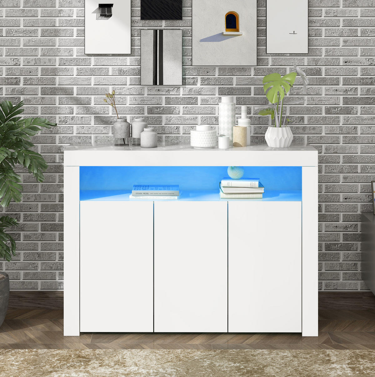SIDEBOARD 130/35/95 cm mit LED-Beleuchtung, 3 Türen und 2 offenen Fächern, Hochglanz, Weiß - Weiß, Holzwerkstoff (130/95/35cm) - Redom