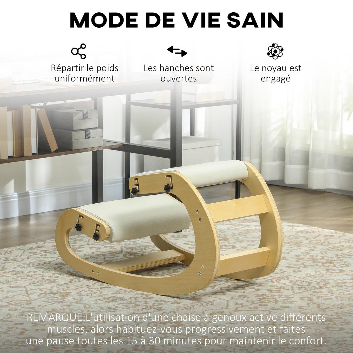 KNIESTUHL DE-11872 mit Wippfunktion & höhenverstellbar Natur - Creme, Holz (55/55/85cm) - ComfortXL