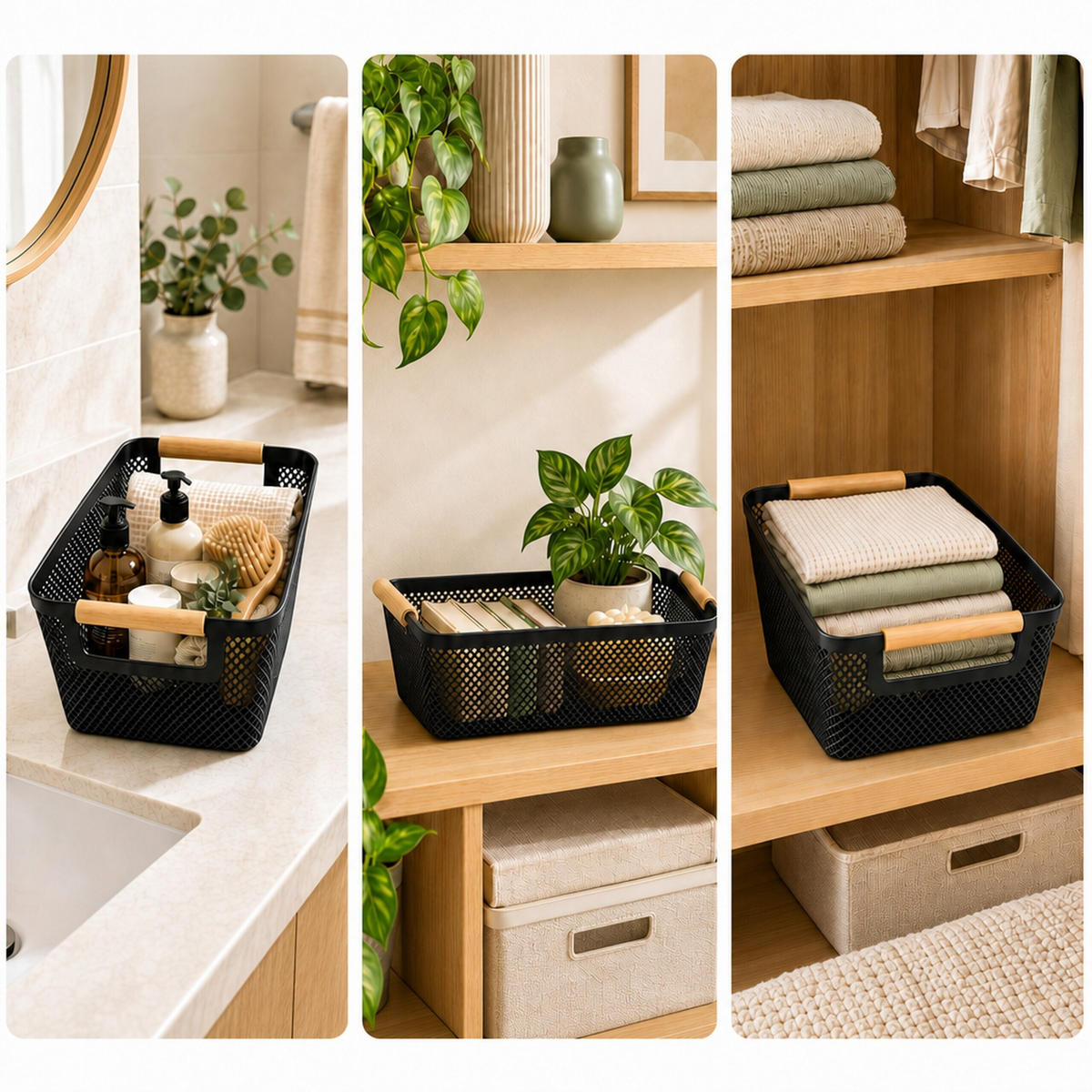 FÖRVARINGSKORG Svart 6-pack plast trähandtag storlek M - Svart, Trä/Plast (19.5/32/16cm) - Relaxdays