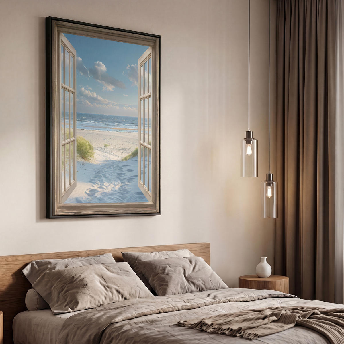 LEINWAND Bilder mit Rahmen - Aussicht - Strand - Fenster - Dünen - Meer - 60x90 - Hellblau, Textil (60/90cm) - MuchoWow