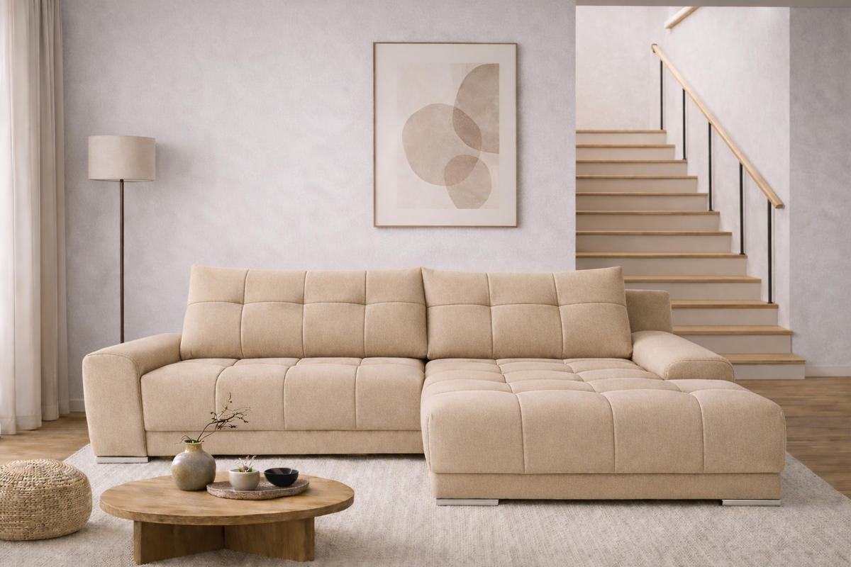 ECKSOFA WAVE Mit Schlaffunktion, Stoff SORO, Hellbeige Rechts - Creme, Holz (281/105cm) - Kaiser Möbel