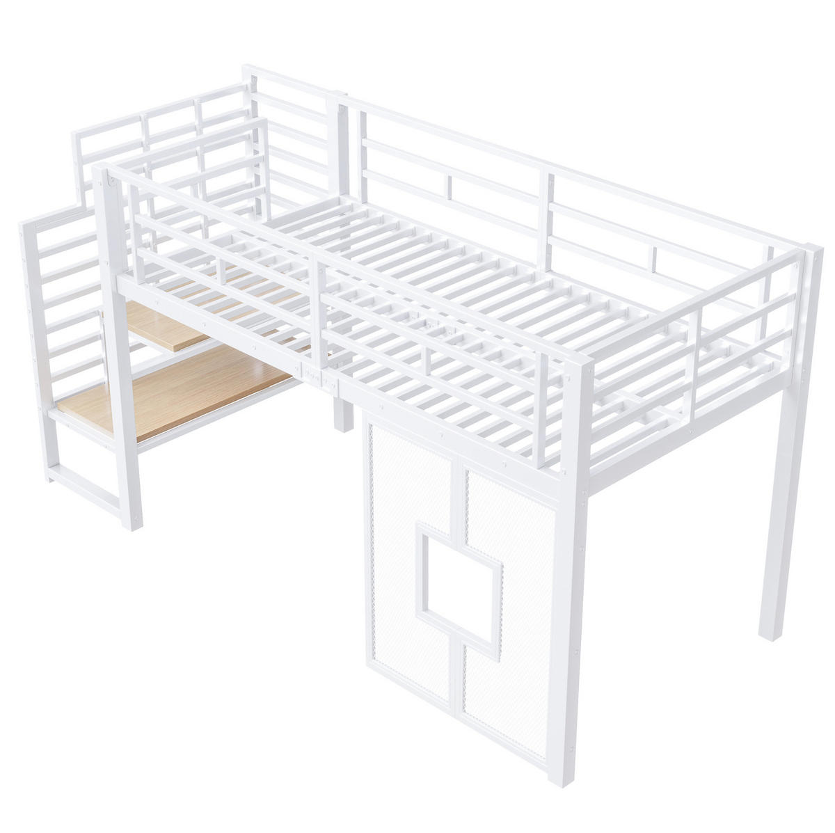 HOCHBETT 90x200 cm in Weiß mit Stauraumtreppe, LED-Beleuchtung und Fenstern - Weiß, Metall (90/200cm) - IVMEU