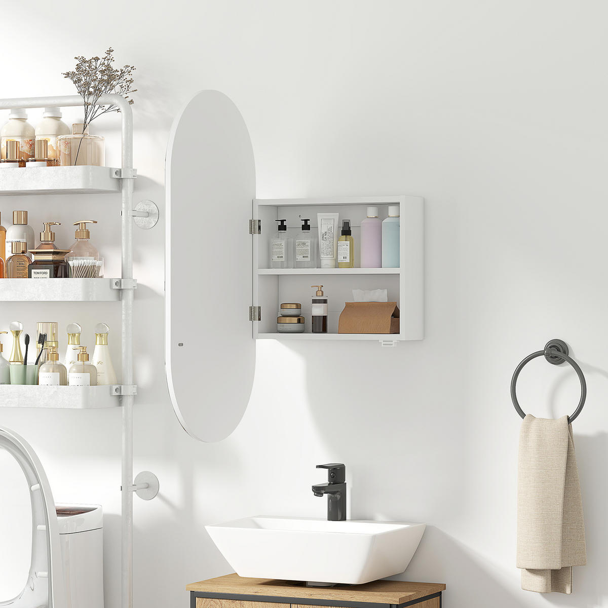 BADEZIMMERSPIEGEL Moderner ovaler Badezimmerspiegel mit Schrank und zwei Ablagen, 45 x 90 cm ,Weiß - Weiß, Glas (13.5/90/45cm) - Vallsero