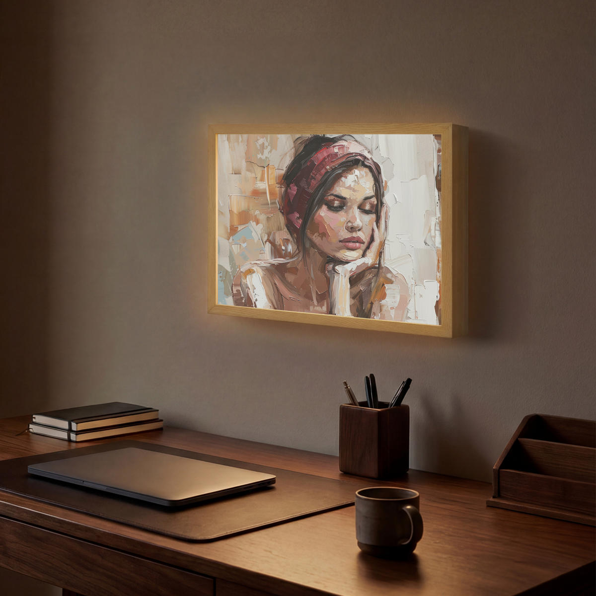 NÁSTĚNNÁ LAMPA S AKUMULÁTOREM Žena - vzhled malby - portrét - moderní 40x30 cm - hnědá, kompozitní dřevo (40/30/8cm) - OnlyWow