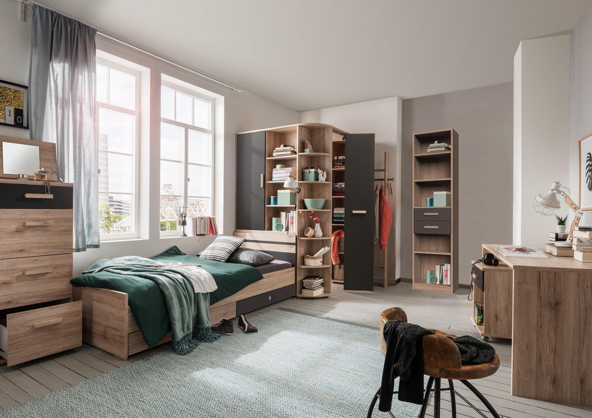 JUGENDZIMMER Cariba in Eiche San Remo und Graphit 8 teilig - Braun, Holzwerkstoff (120/200cm)