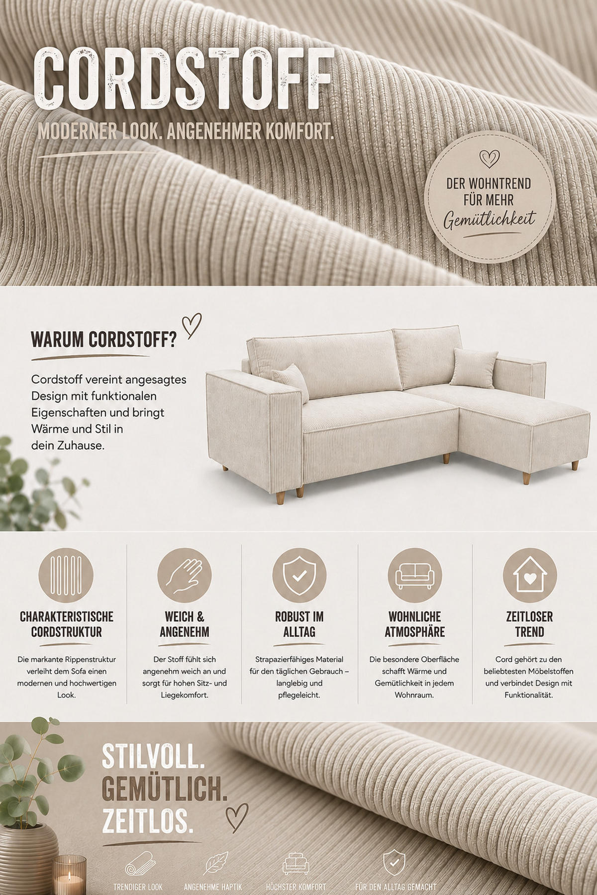 ECKSOFA mit Schlaffunktion und Bettkasten Rio, Ecksofa Cordstoff Creme, Ottomane Universal, 249x142 cm - Creme, Textil (249/142cm) - Marpur