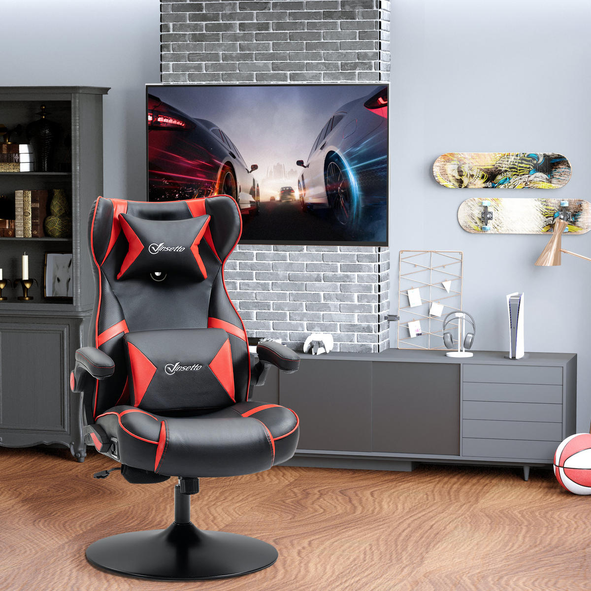 GAMINGSESSEL mit Wippfunktion Gaming Stuhl mit Lautsprecher Bürostuhl Kunstleder - Rot/Schwarz, Leder (73/118/69cm) - Vinsetto