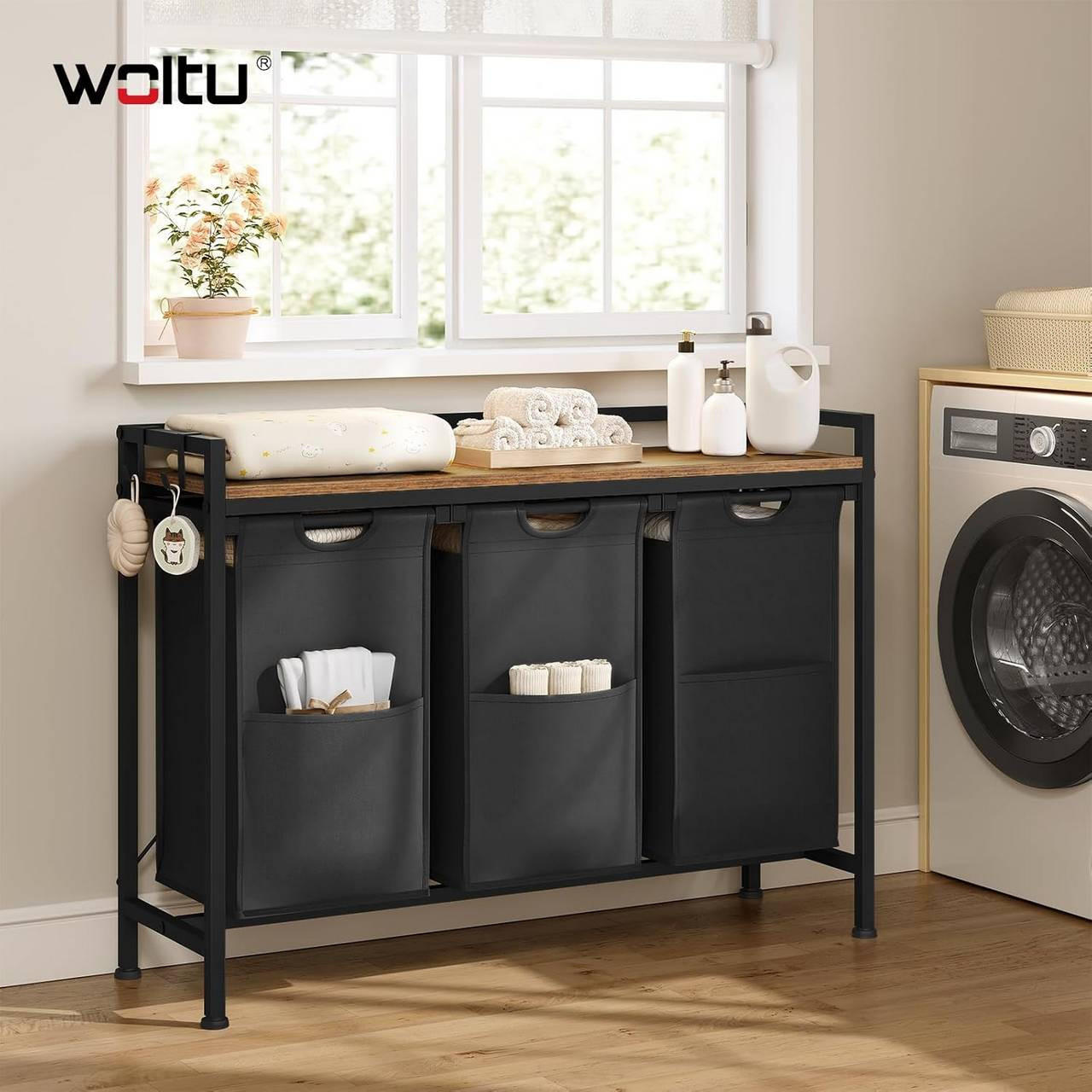 WÄSCHEKORB 3 Fächer, jedes 40 L, Schwarz+Vintagebraun - Dunkelbraun/Schwarz, Holzwerkstoff/Textil (96/71/30cm) - Woltu