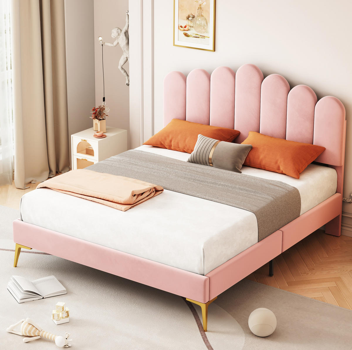 POLSTERBETT 140/200 cm in Rosa mit Samtbezug und verstellbarem Kopfteil - Rosa, Textil (140/200cm) - Flora Grace
