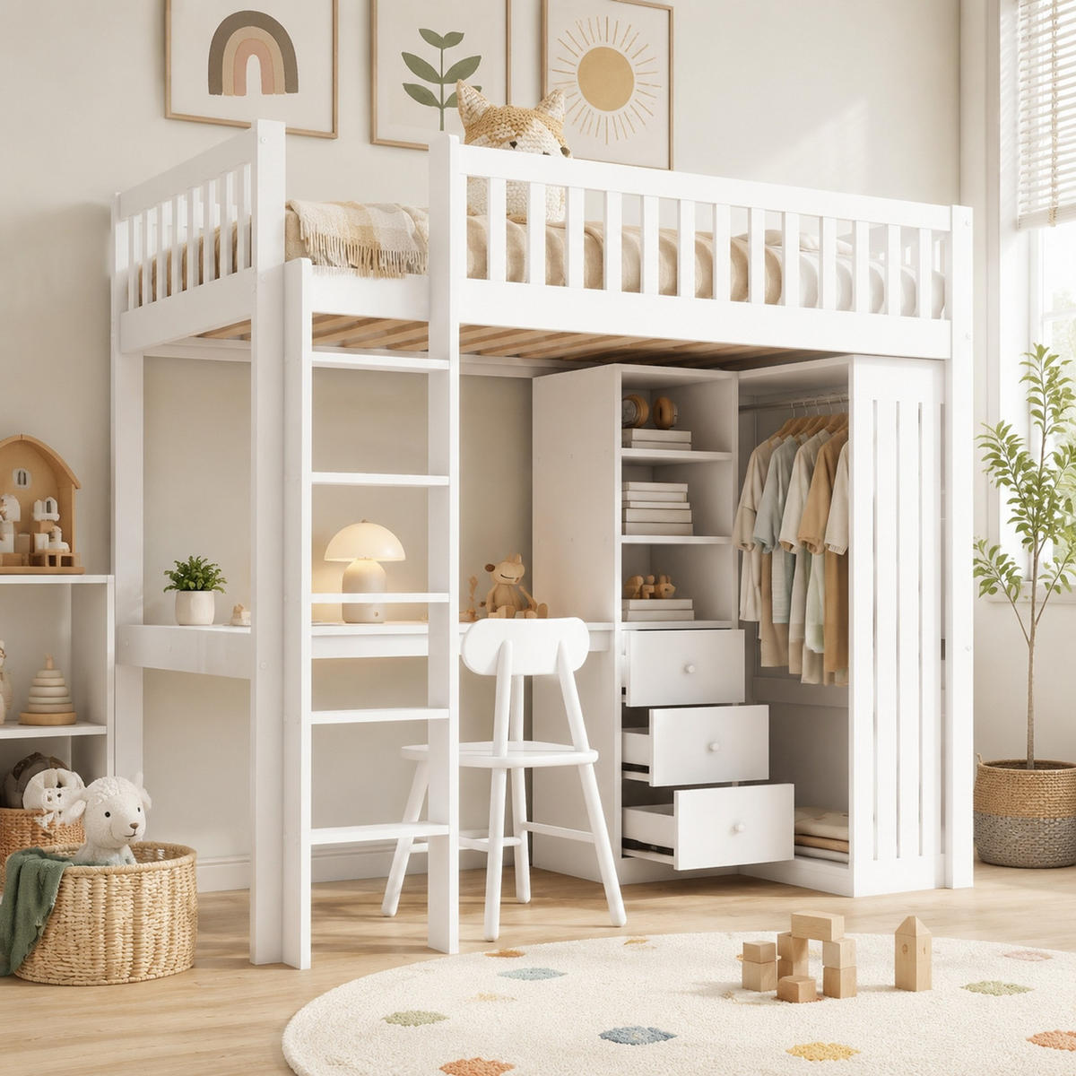 HOCHBETT 90/200 mit Schreibtisch, Kleiderschrank und 3 Schubladen in Weiß - Weiß, Holz (90/200cm) - EVRYAE