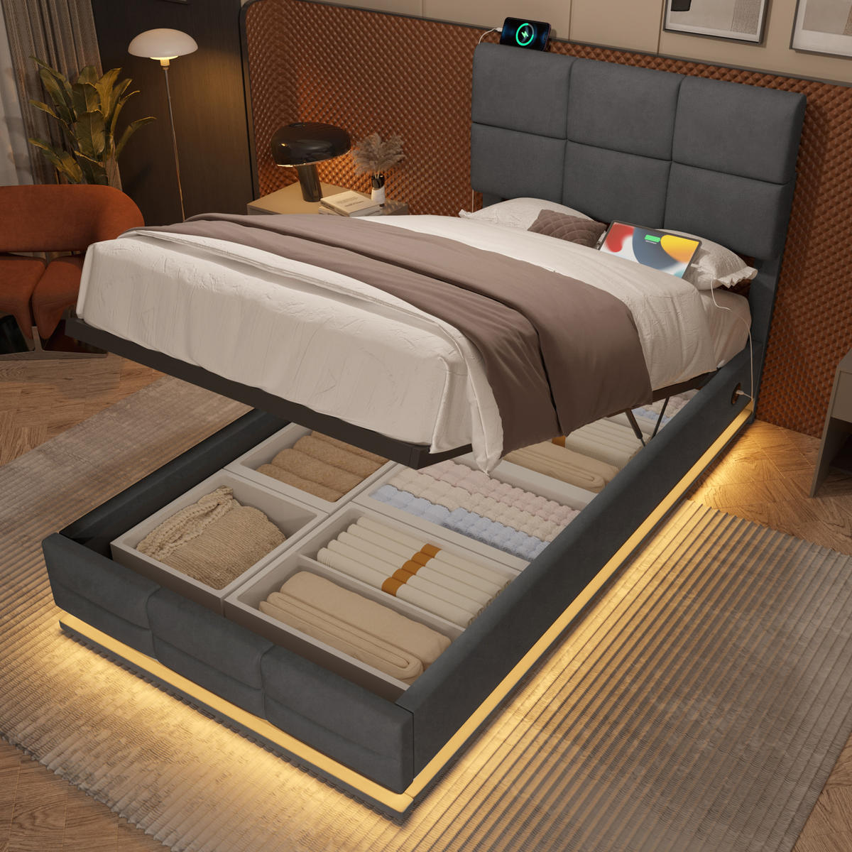POLSTERBETT Einzel 90x200cm Dunkelgrau Velours mit höhenverstellbarem Kopfteil, dimmbarer LED, USB/Type-C und hydraulischem XXL-Stauraum - Grau, Textil (90/200cm) - Luhomfu