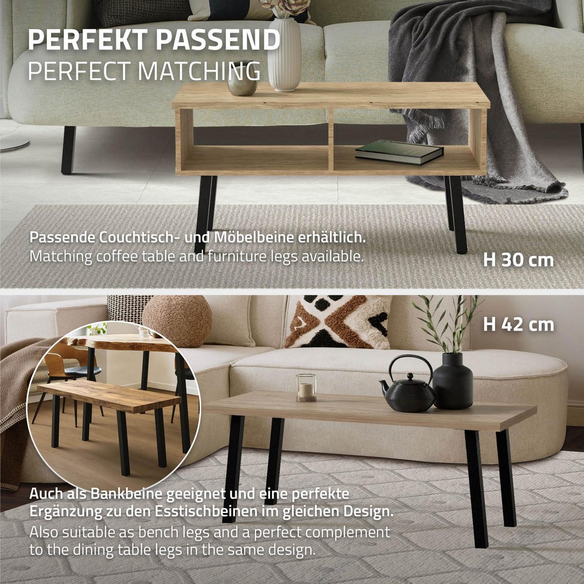 TISCHBEINE 4er Set I-96GRAD-Design H:72 cm Schwarz 4x4 cm - Schwarz, Metall (4/72/4cm) - ML-DESIGN