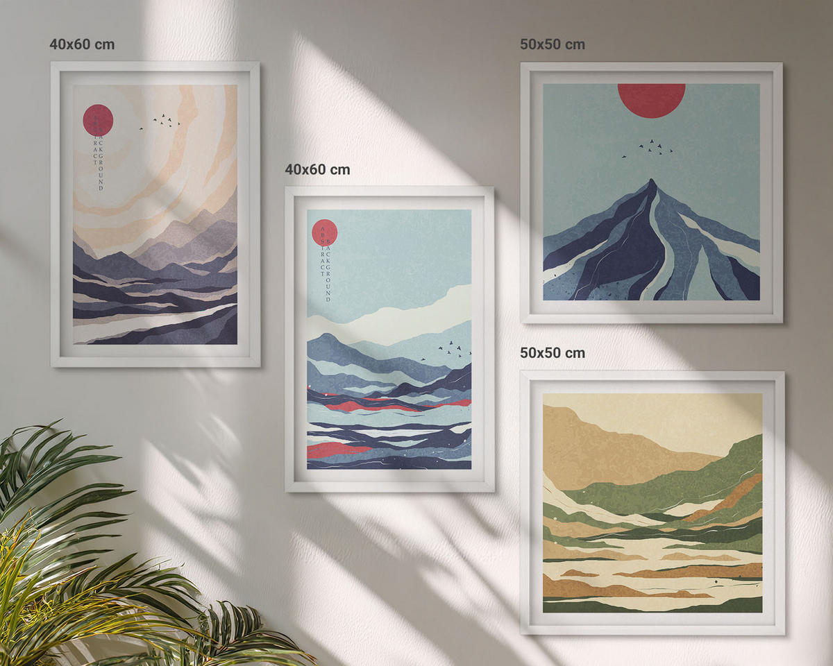 WANDBILDER 4er-Set - 50x50 cm & 40x60 cm Weißer Rahmen - Abstrakte Berglandschaften - Weiß, Kunststoff (50/50cm) - ArtPrintCave