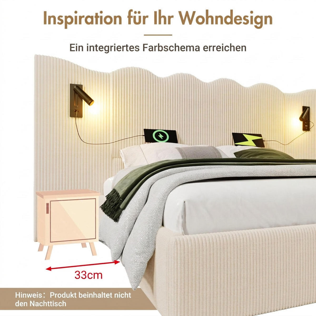 POLSTERBETT 180/200 cm Beige Cord mit Leselampe und USB Type-C Ladefunktion - Beige, Textil (180/200cm) - Oxeza