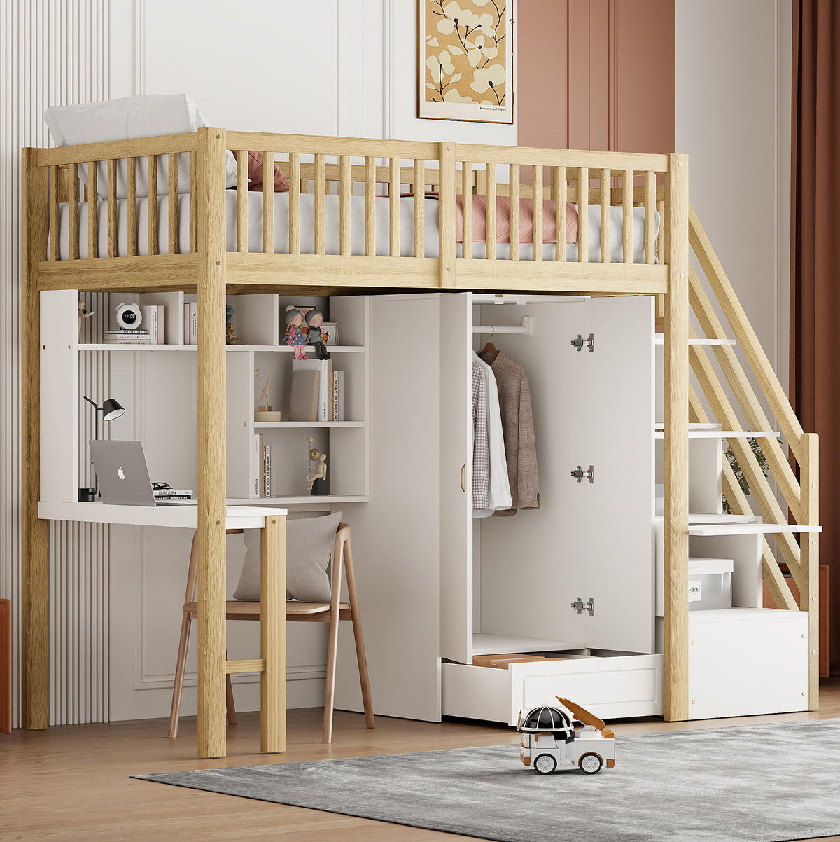HOCHBETT 90/200 cm aus Holzwerkstoff mit Kleiderschrank, Schreibtisch, Regal und Treppe mit Schubladen, Natur/Weiß - Naturfarben, Holzwerkstoff (90/200cm) - Redom
