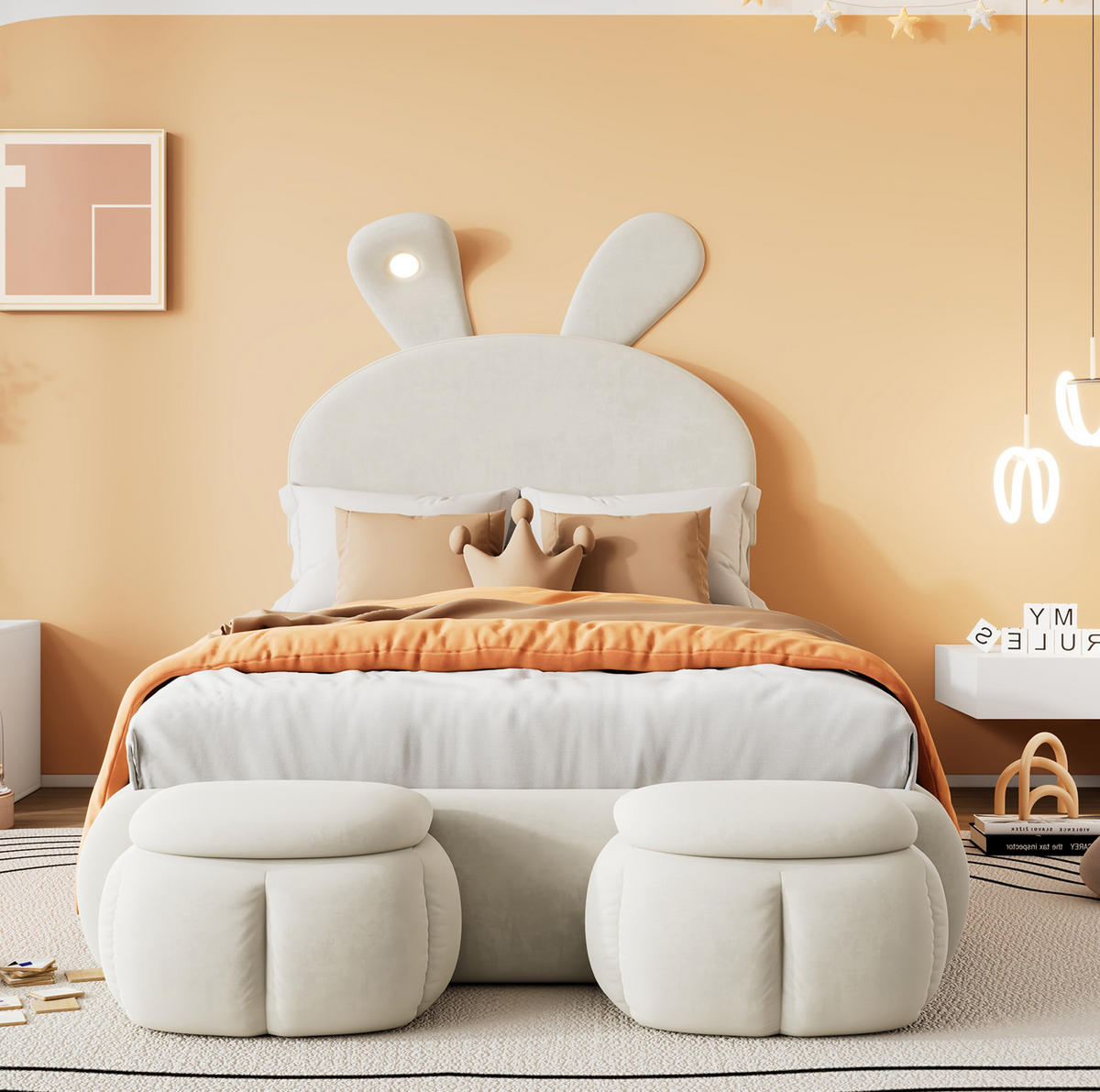 ČALÚNENÁ posteľ z zamatu 90x200 cm béžová s LED osvetlením, úložnými taburetkami a nastaviteľným čelom - béžová, textil (90/200cm) - Modfu