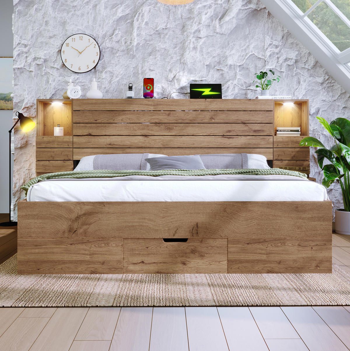 MANŽELSKÁ posteľ 180/200 cm dubová s LED osvetlením, USB a USB-C portmi, nočnými stolíkmi a úložným priestorom z MDF a kovu - farba duba, kompozitné drevo (180/200cm) - OKWISH