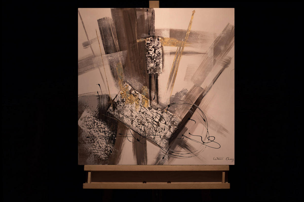 RUČNE MAĽOVANÝ AKRYLOVÝ OBRAZ 60/60 cm, sivý, abstraktný geometrický motív - sivá, drevo/textil (60/60cm) - KUNSTLOFT