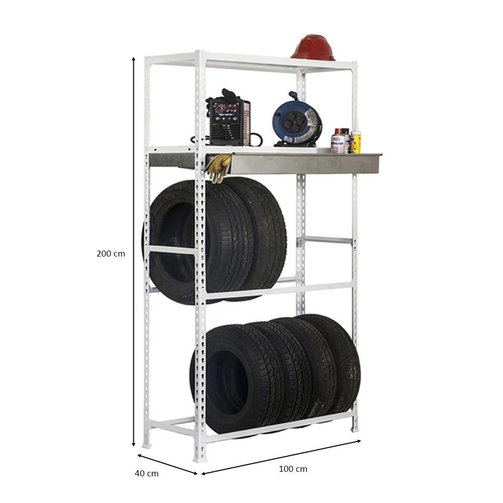 REIFENREGAL mit Schubfach und Ablagefläche Metal Shark NO.3 HxBxT 200 x 100 x 40 cm 12 Reifen Weiß - Silberfarben, Metall (100/200/40cm) - PROREGAL