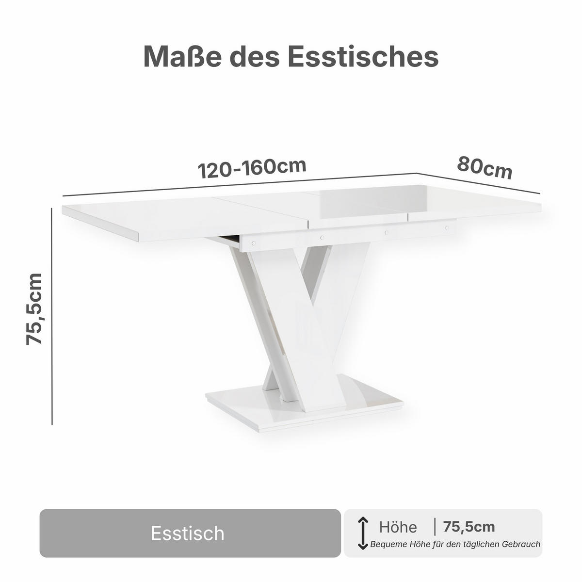 ESSTISCH Weiß Hochglanz Ausziehbar 120 - 160 cm - Weiß Hochglanz, Holzwerkstoff (120/80/75cm) - PROSPERO