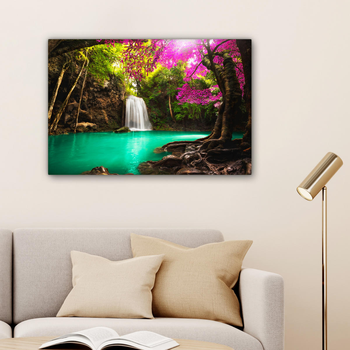 LEINWANDBILD Wasserfall mit bunten Blumen und Bäumen - Natur - Dschungel Wanddeko 90x60 cm - Waldgrün, Textil (90/60cm) - MuchoWow