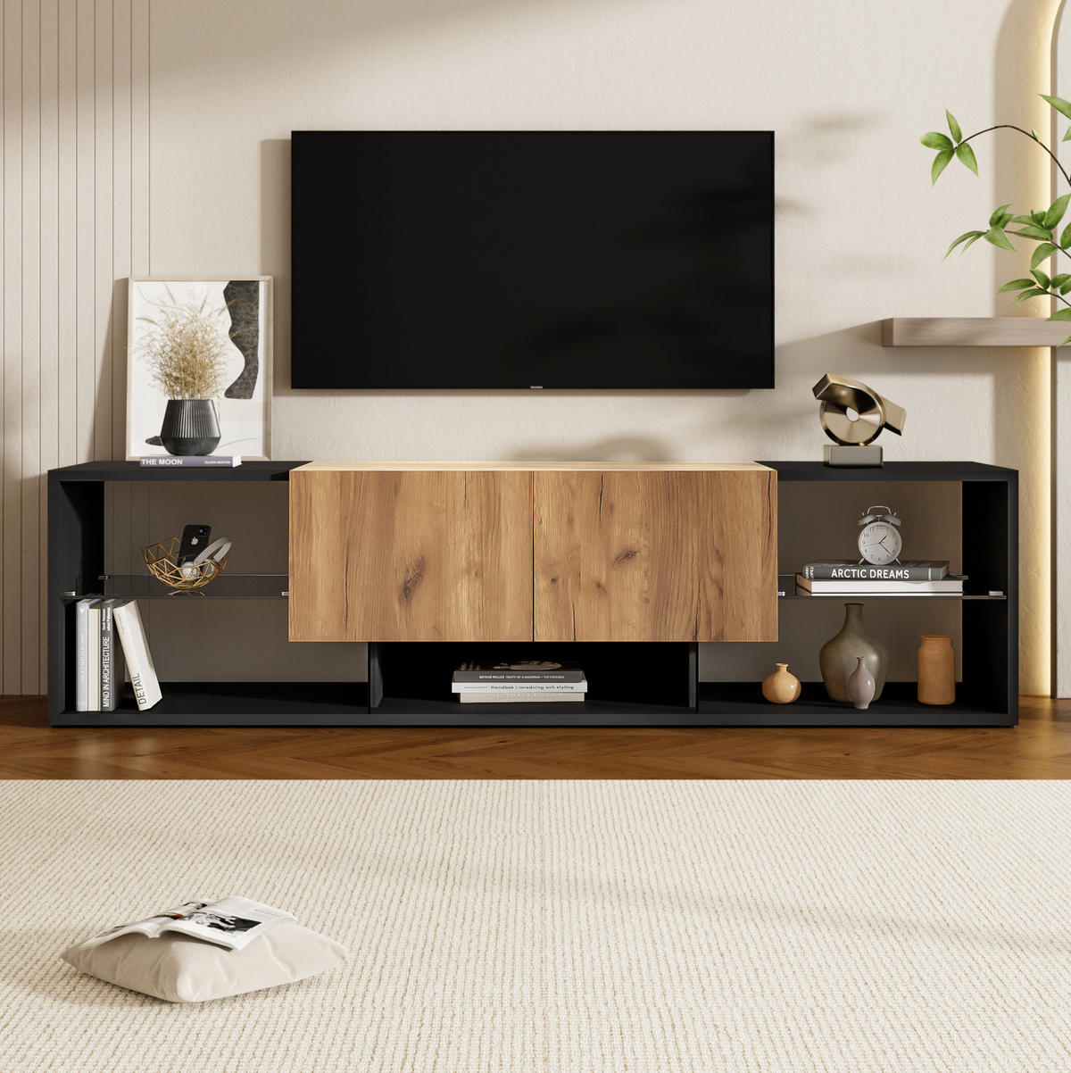 TV-ELEMENT mit LED und 2 Schubladen 160 cm Schwarz Natur - Schwarz, Holzwerkstoff (40/42/160cm) - Beauniv