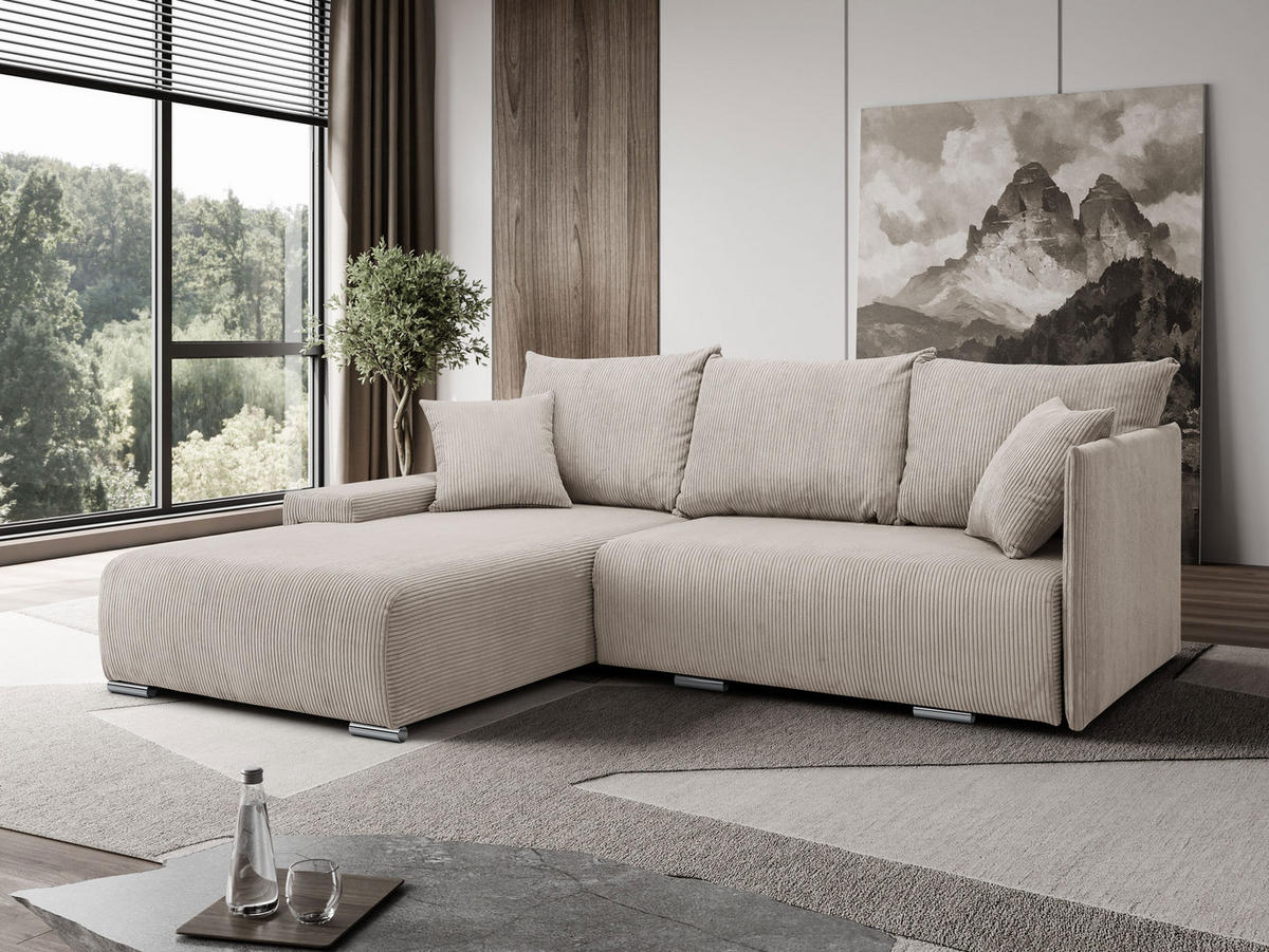 ECKSOFA Lauren L- Form 246 x 188 cm, 4 Sitzer, Bettzeugablage, Sofa, Eckcouch, Cord, linke Seite, beige - Beige, Kunststoff (188/246cm) - Margaret Hadas24