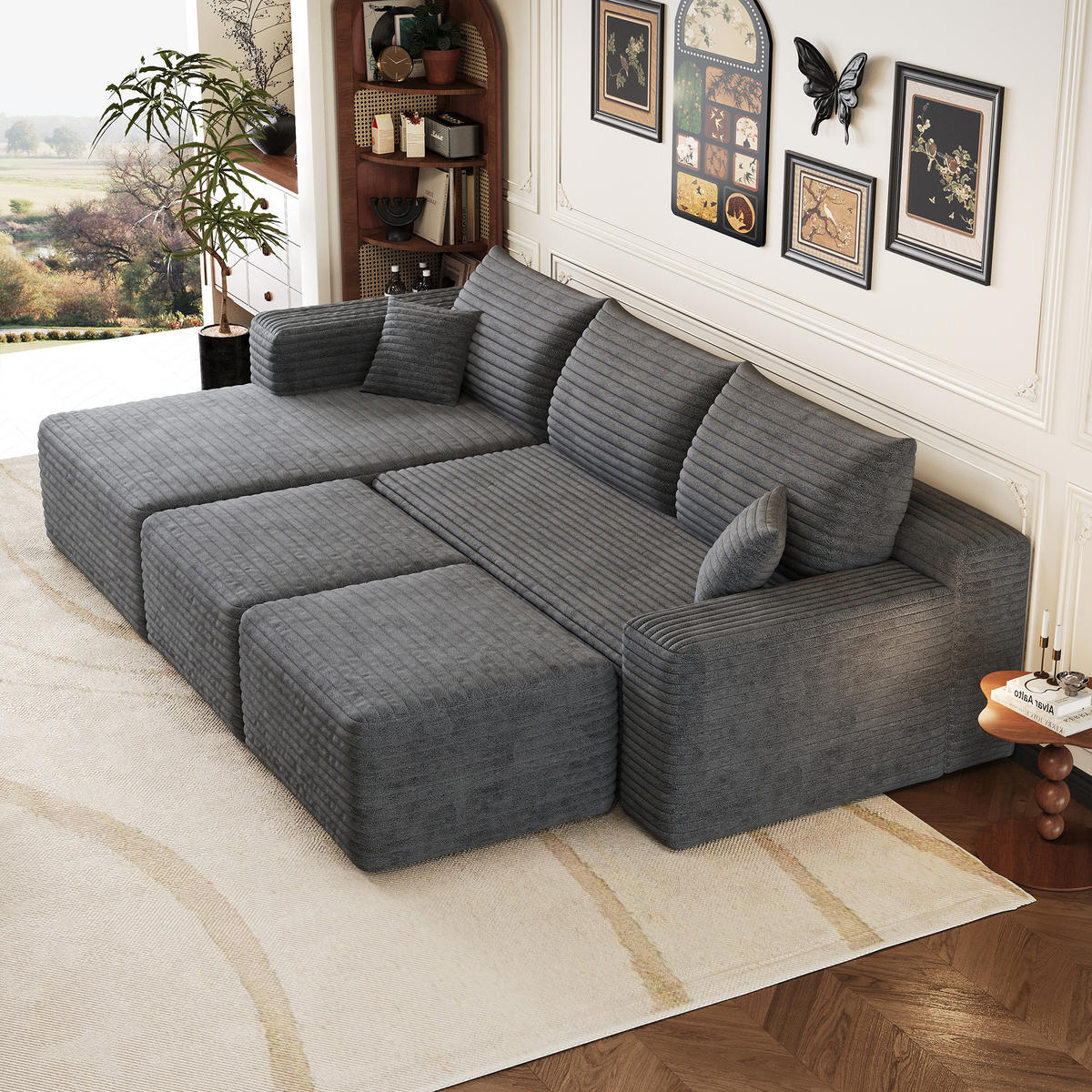 WOHNLANDSCHAFT Cord Dunkelgrau - Grau, Textil (241/58/151cm) - WISHDOR