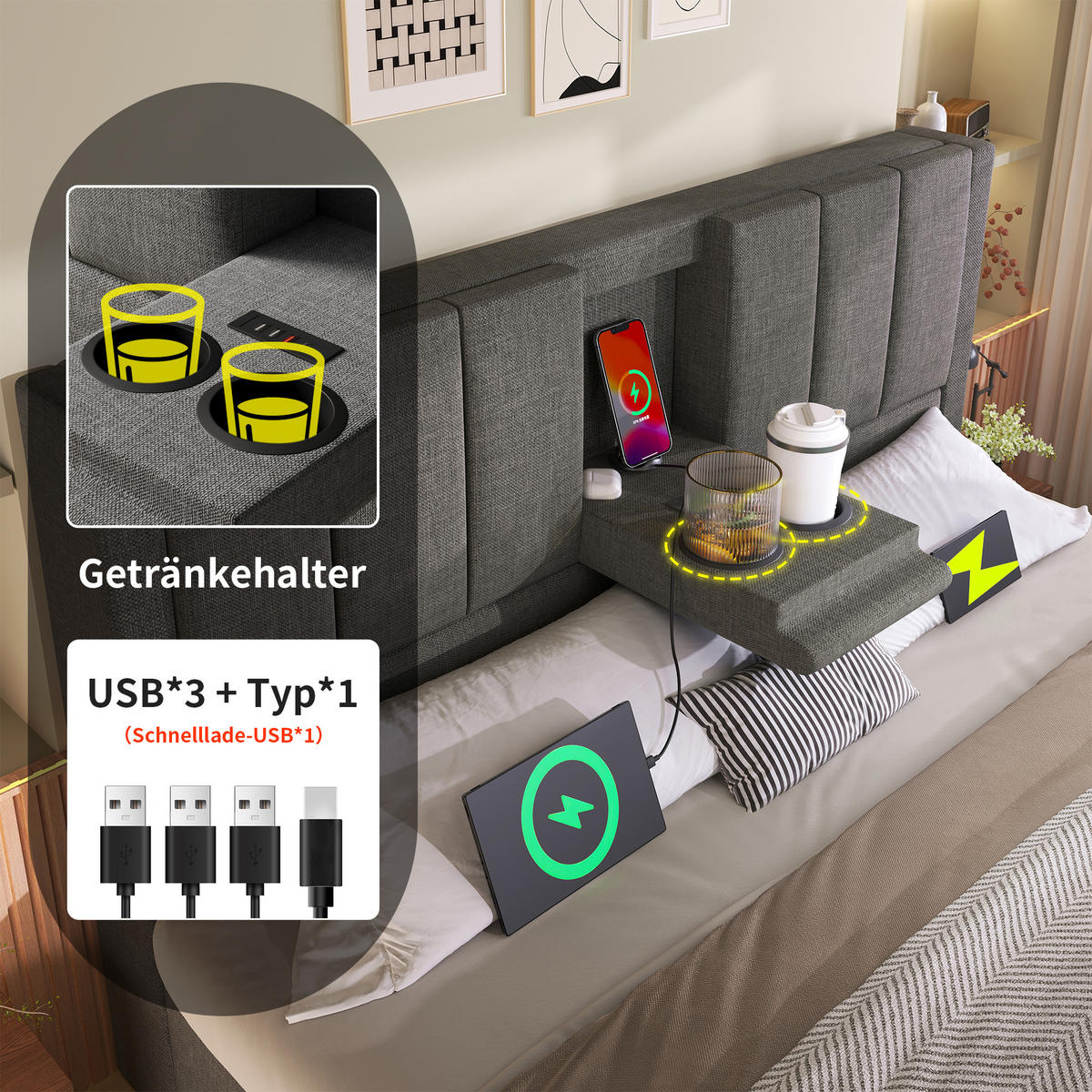 POLSTERBETT 140/190 cm Grau aus Leinen mit Stauraum und integrierter Ladestation - Grau, Textil (140/190cm) - OKWISH