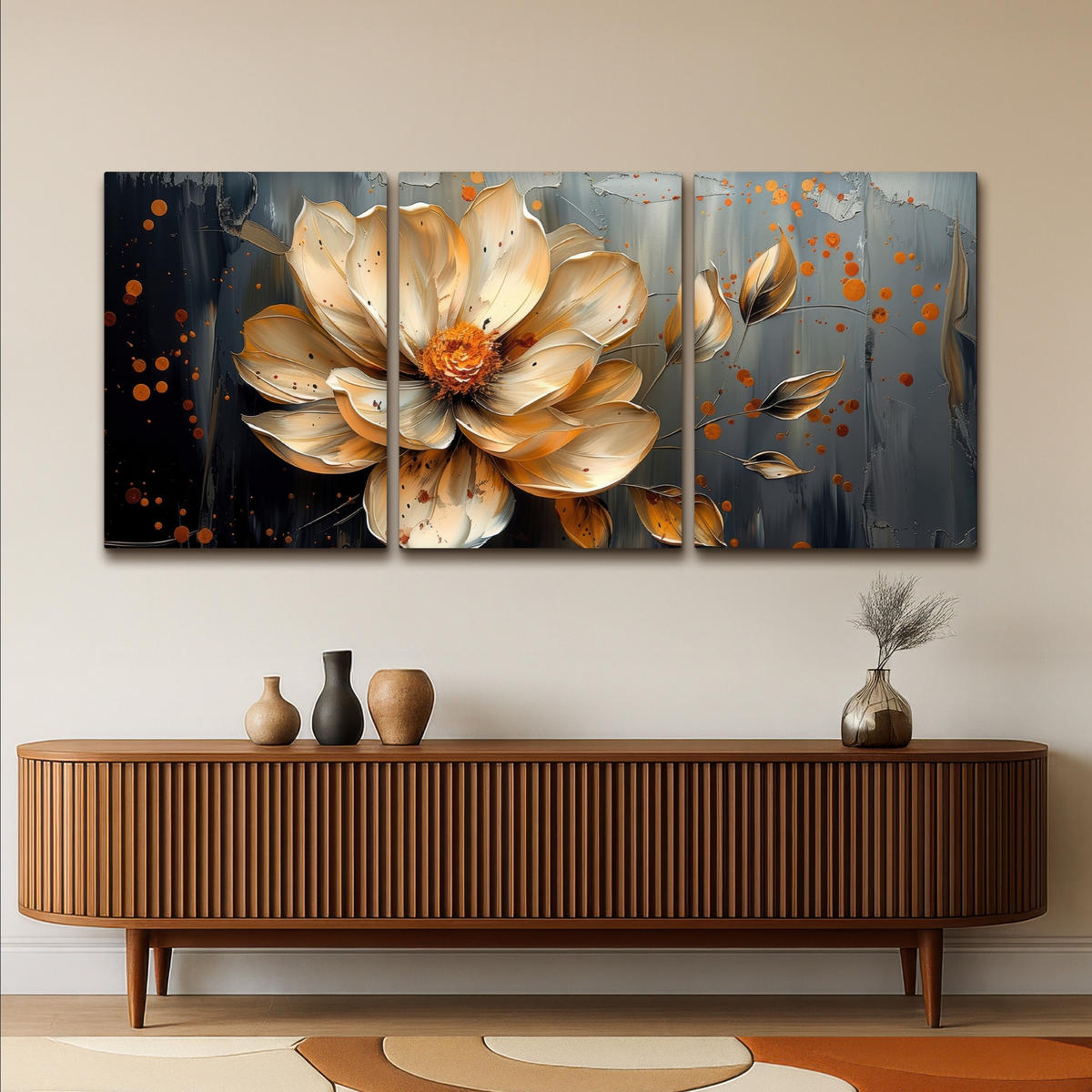LEINWANDBILD 3er Set Blume - Gold - Abstrakt - Farbe 180x80 cm - Creme, Textil (180/80cm) - MuchoWow