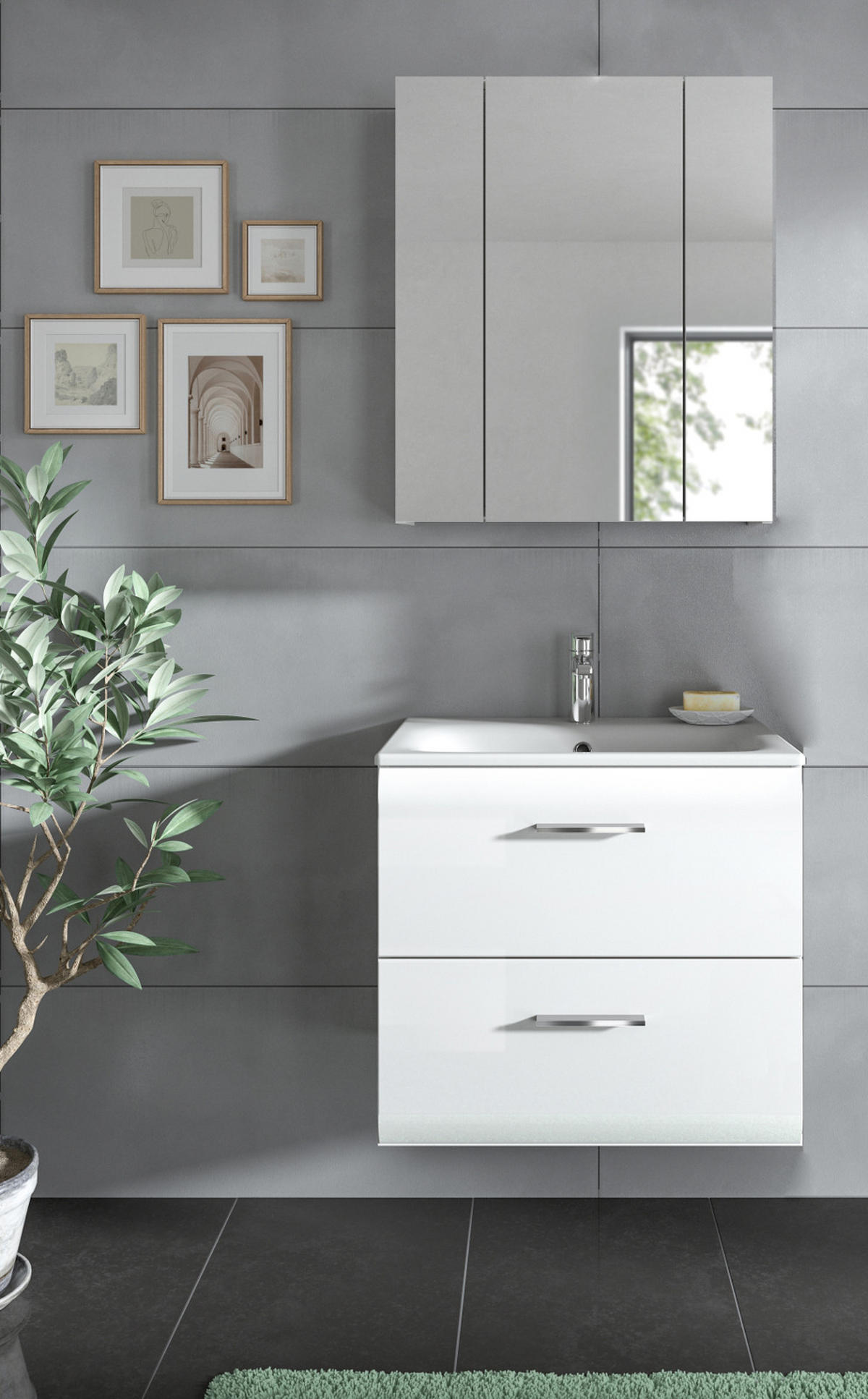 BADMÖBEL SET 2-teilig in weiß Hochglanz inkl. Waschbecken 60 x 185 cm Cover - Weiß Hochglanz/Silberfarben, Holzwerkstoff/Kunststoff (60/185/46cm) - Inn.Furn