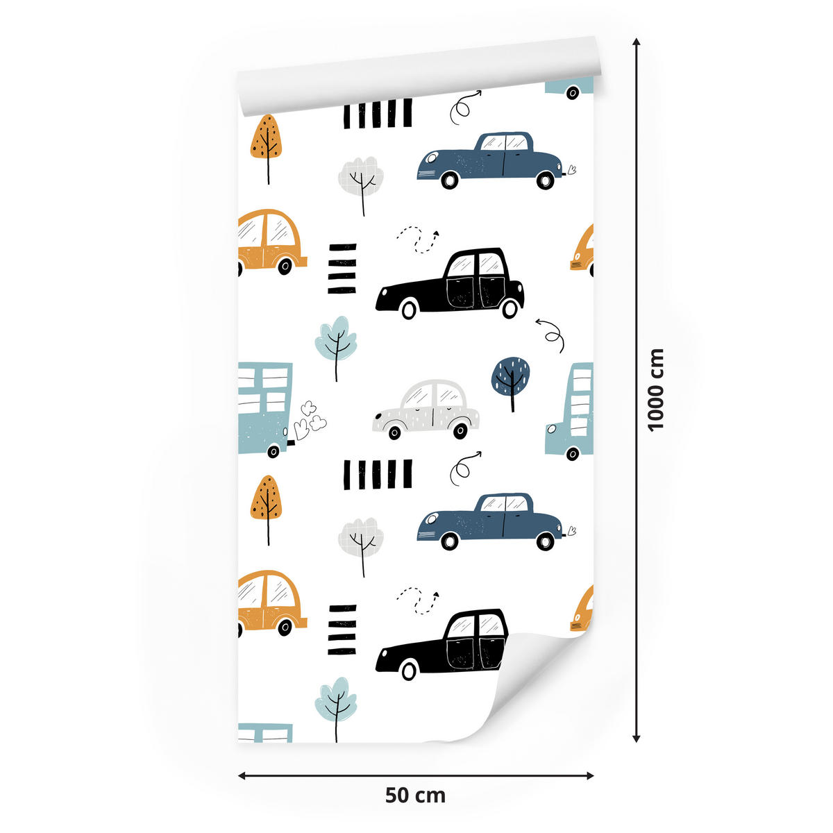 VLIESTAPETE Autos und Bäume – Blau, Gelb, Weiß – 50x1000 cm - Blau/Gelb, Papier (50/1000cm) - Muralo