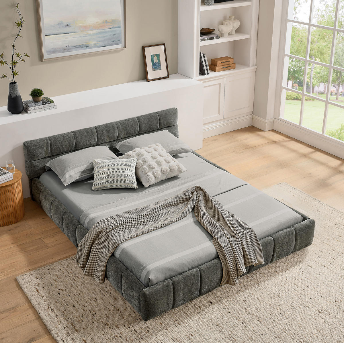 POLSTERBETT 140/200 cm mit Chenille-Bezug, Steppdesign und stabilem Holz-Metall-Rahmen, Dunkelgrau - Dunkelgrau, Kunststoff (140/200cm) - Redom