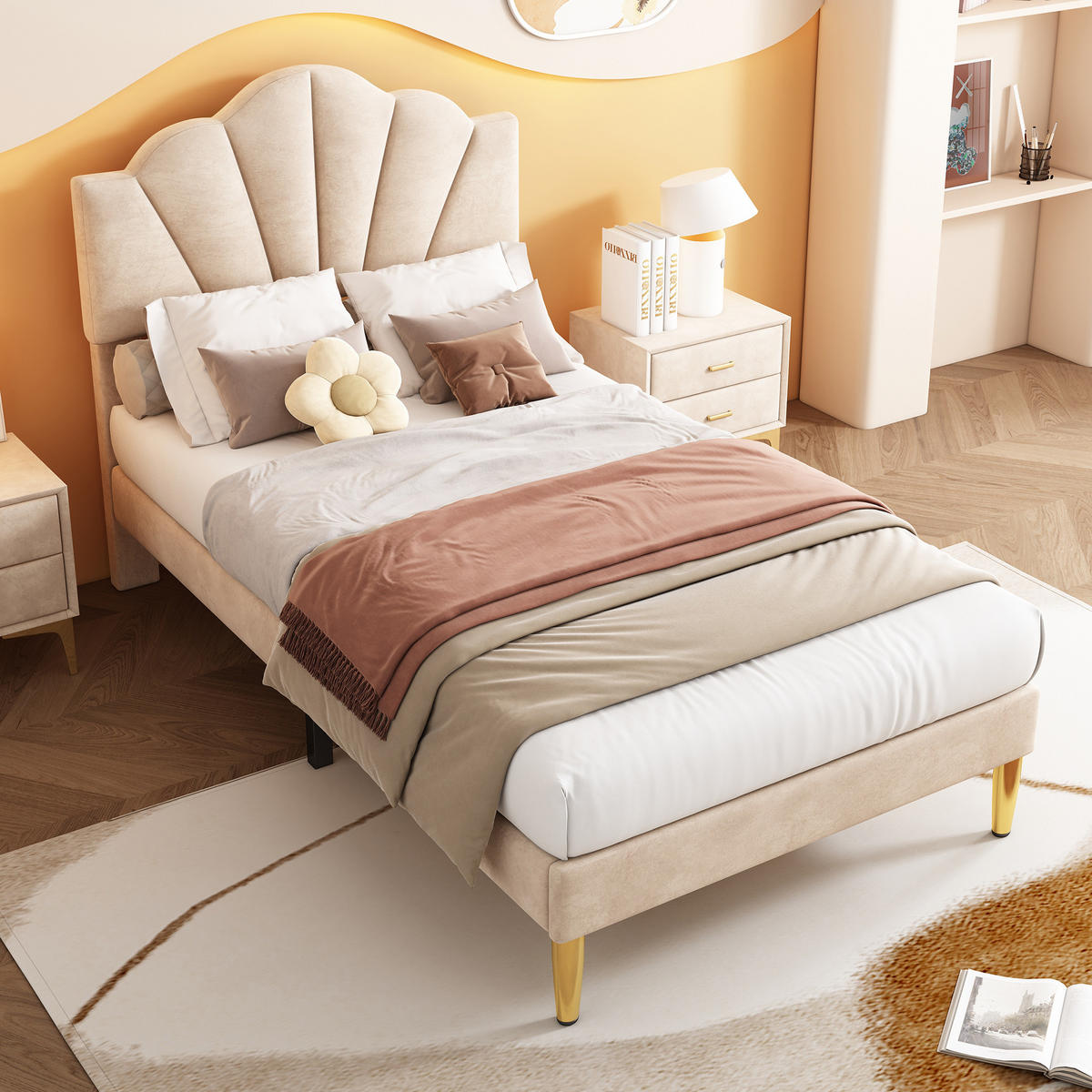 KINDERBETT 90/200 cm aus Samt in Beige mit verstellbarem Kopfteil - Beige, Textil (90/200cm) - Flora Grace