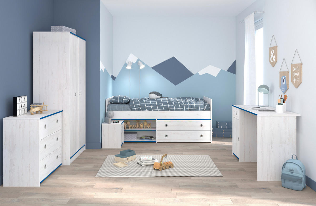 KINDERZIMMER Set Kleiderschrank Schreibtisch Kommode Bett 90x200 cm - Weiß/Kieferfarben, Holz/Holzwerkstoff (203/182/95cm) - Parisot Meuble