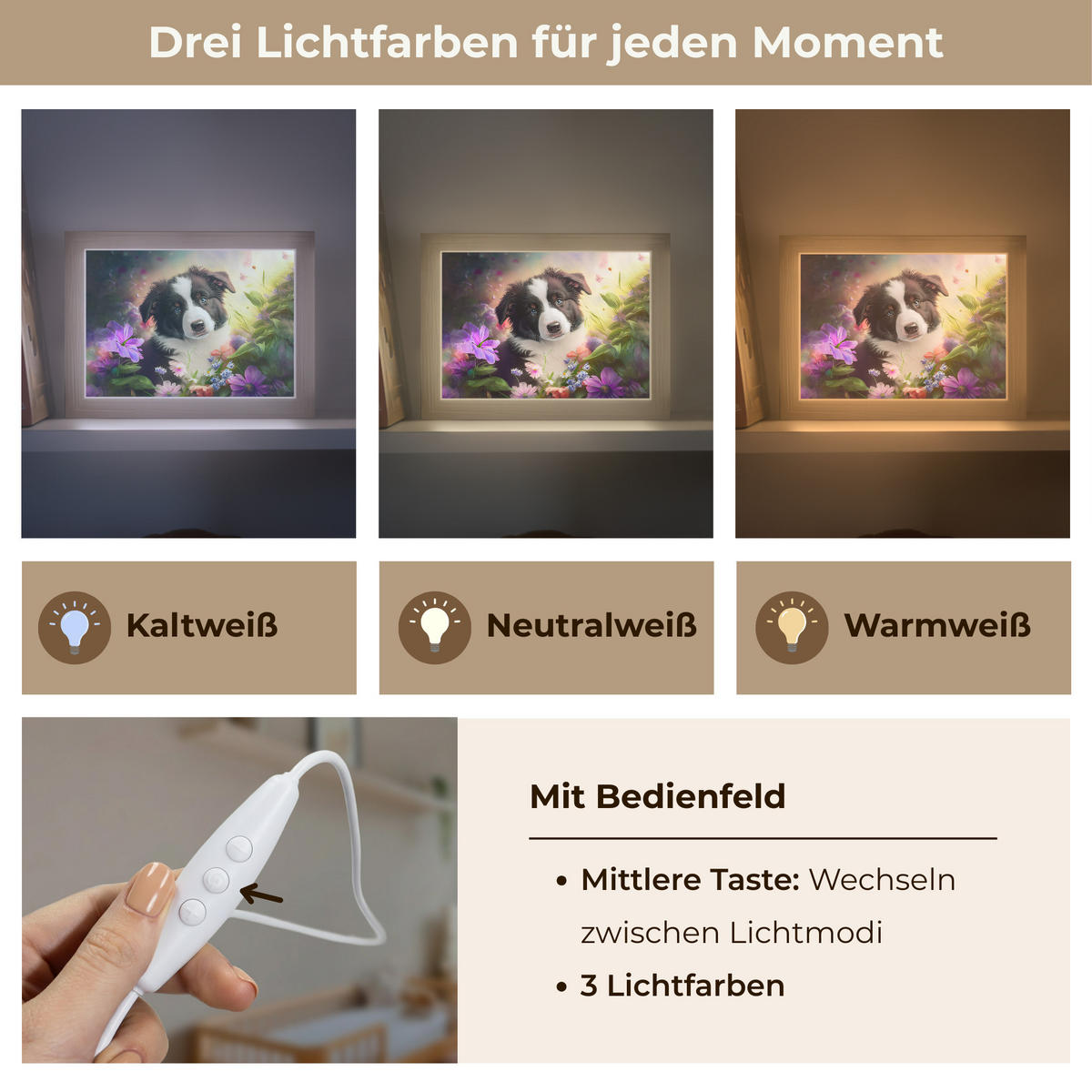 NACHTTISCHLAMPE Welpe - Sonne - Blumen - Natur - Border Collie - Hund 20x15 cm - Violett, Holzwerkstoff (8/20/15cm)